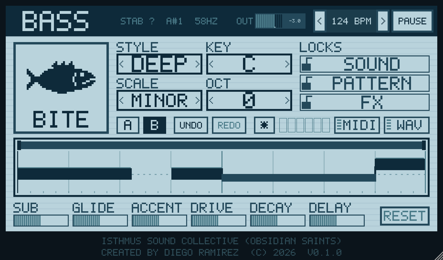 The BASS plugin: the fish on the BITE button, style, key, scale and octave selectors, the pattern lane and six macro sliders.