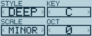 The STYLE, KEY, SCALE and OCT selectors on BASS.