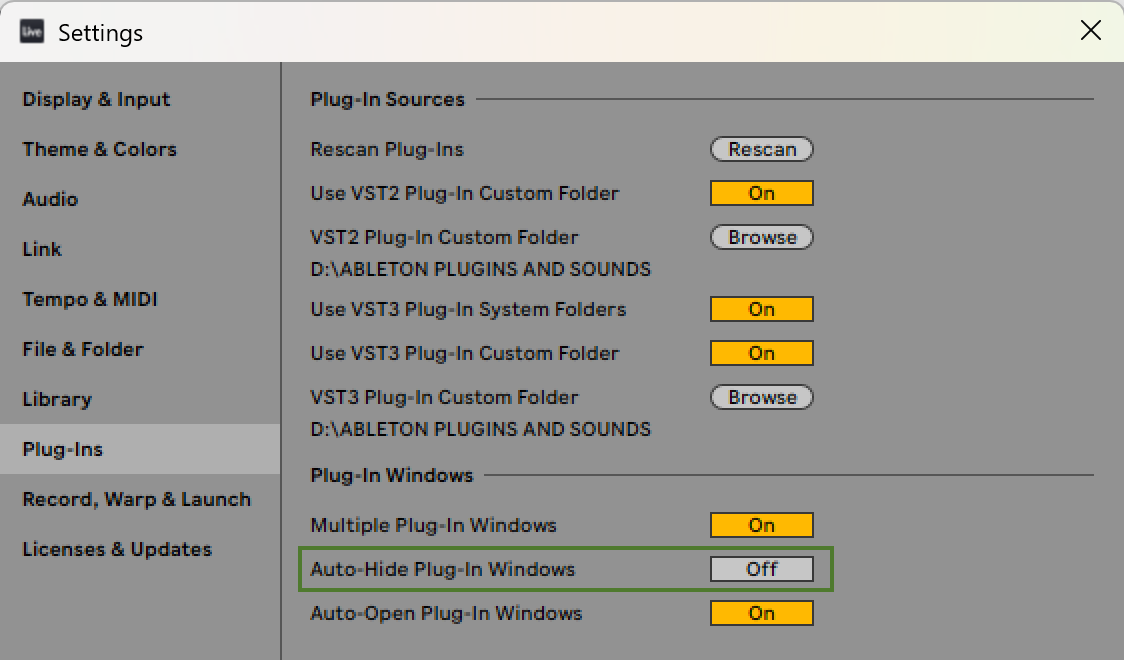 Live's Plug-Ins settings, with Auto-Hide Plug-In Windows highlighted and set to Off.