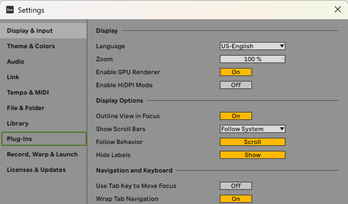 Live's Settings window, open on the Display and Input tab, with Plug-Ins highlighted in the list on the left.