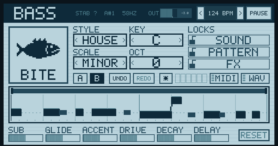 The BASS plugin: the fish on the BITE button, STYLE, KEY, SCALE and OCT selectors, three locks, the pattern lane and six macro sliders.