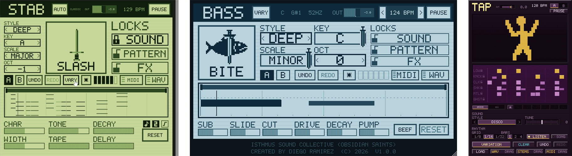 STAB, BASS and TAP side by side: the SLASH sword, the BITE fish and the TAP dancer.