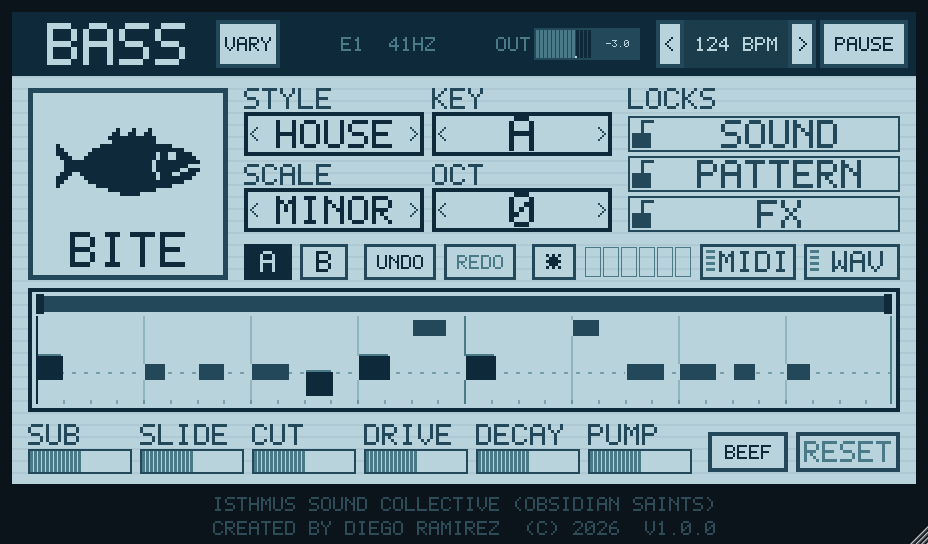 The BASS plugin: the fish on the BITE button, STYLE, KEY, SCALE and OCT selectors, three locks, the pattern lane and six macro sliders.