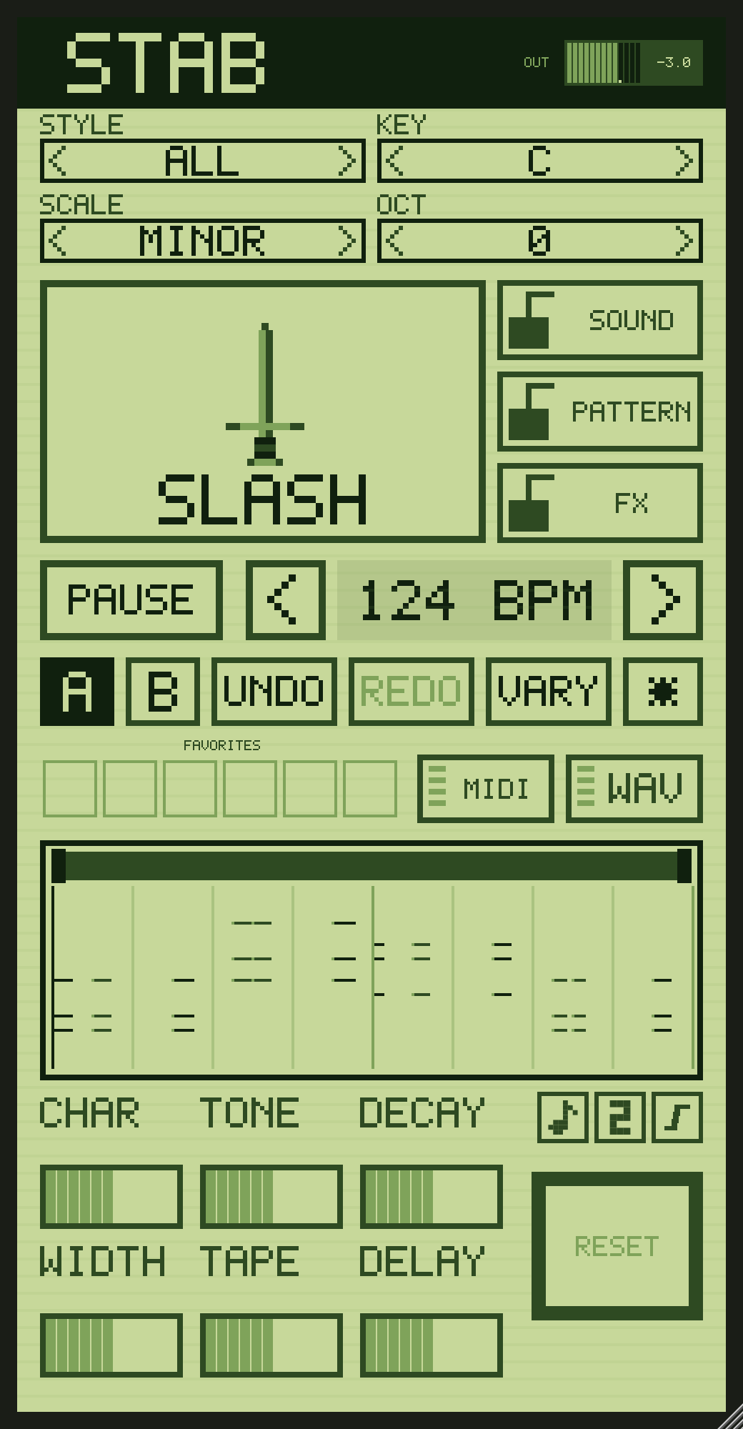STAB on an iPhone: the SLASH button, the locks beside it, the pattern grid and six effect controls