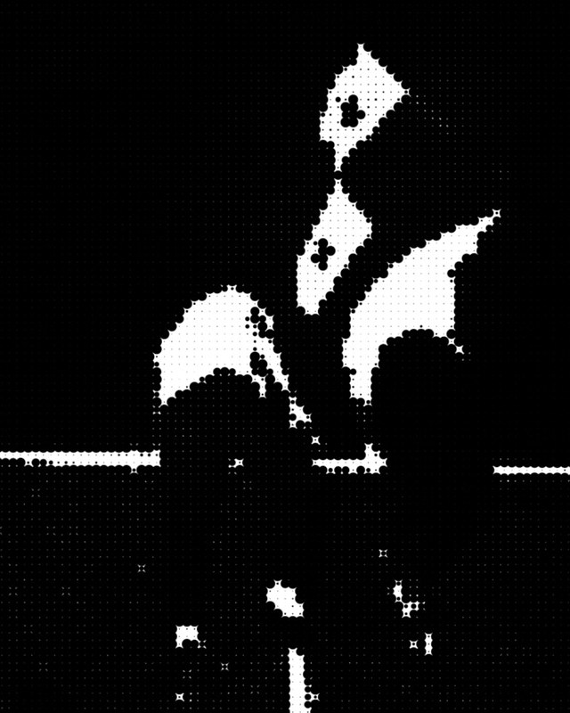 A dithered halftone illustration of a bat-like winged shape.