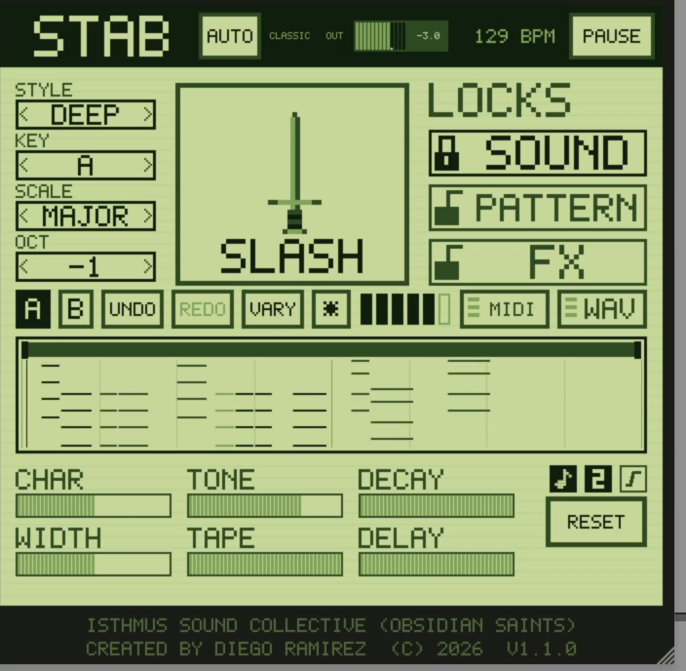 The STAB plugin: STYLE, KEY, SCALE and OCT selectors, the SLASH button with the sword, three locks, the pattern grid and six macro sliders.