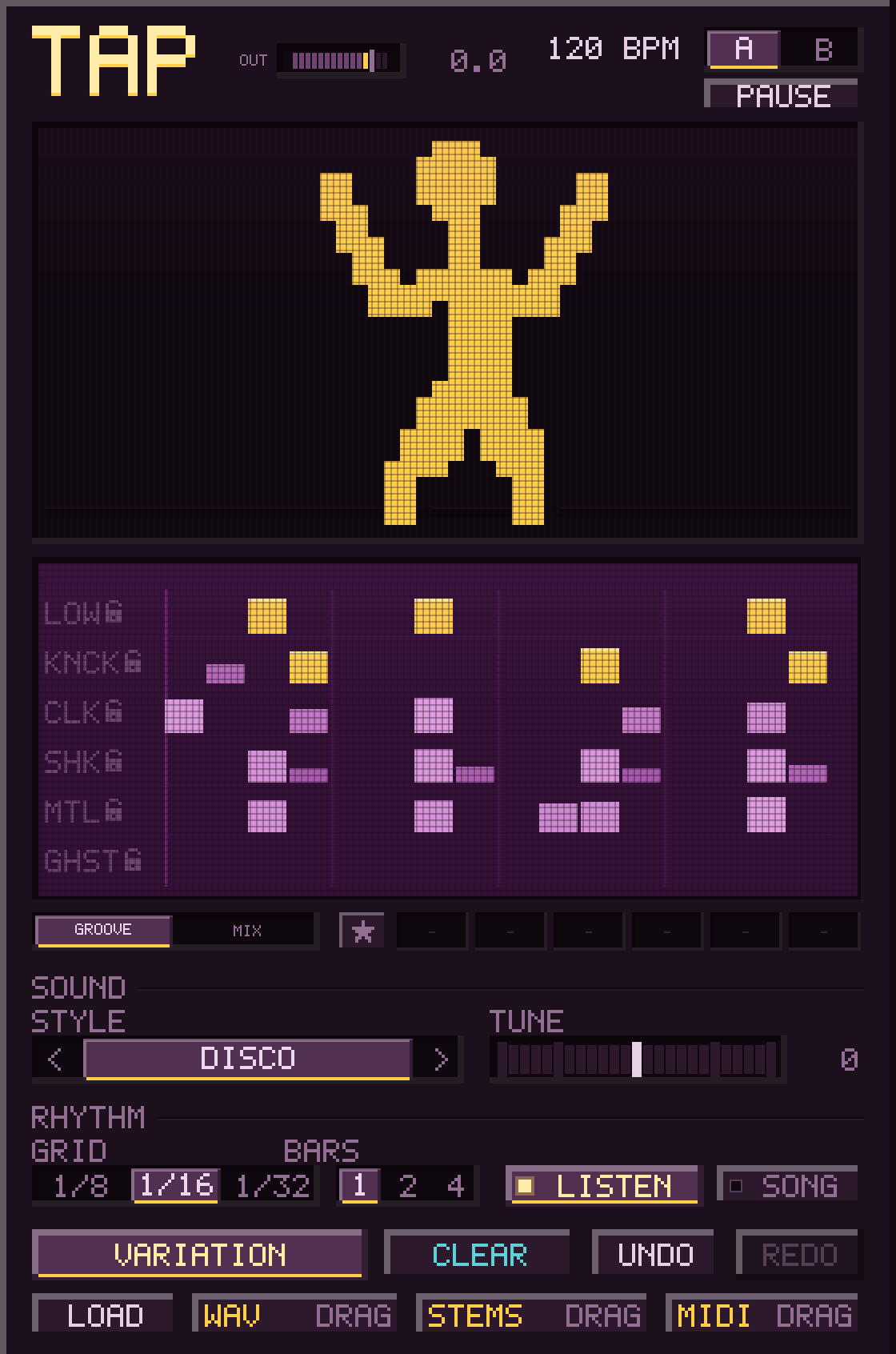The TAP plugin: the dancer button above a six row percussion grid, with STYLE, TUNE, GRID and BARS controls underneath.