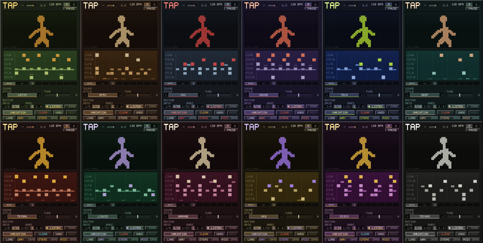 Twelve TAP panels, one per style, each in its own colourway.